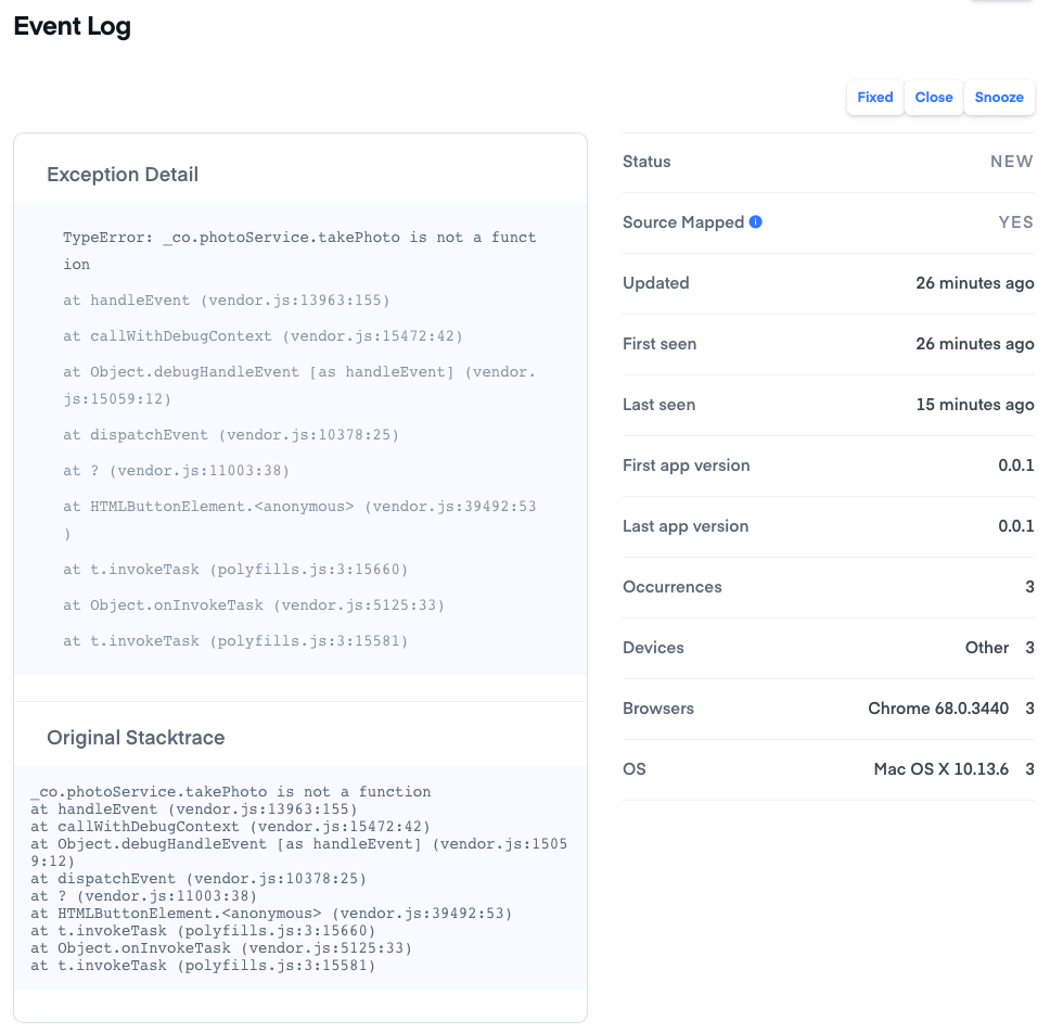 Detailed view of an event log displaying a TypeError stack trace and error details such as device, browser, and operating system.